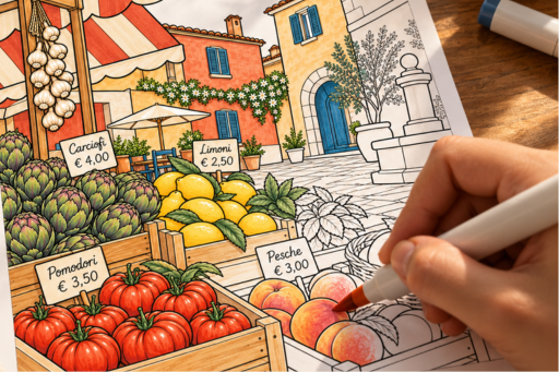 A hand coloring a LIINGER Italy illustration with markers
