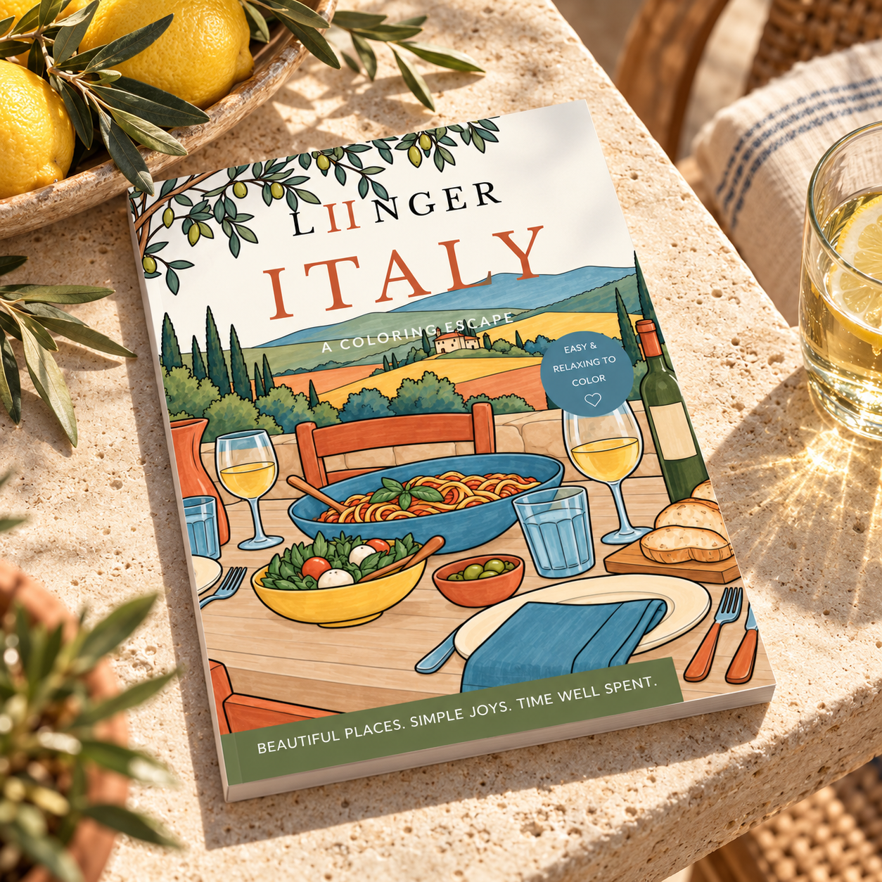 LIINGER Italy 001 coloring book cover styled with lemons